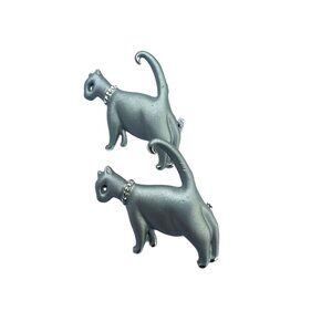 Vintage Cat Brooch Set - Silver-Tone Metal With Rhinestone Collar - Retro Animal